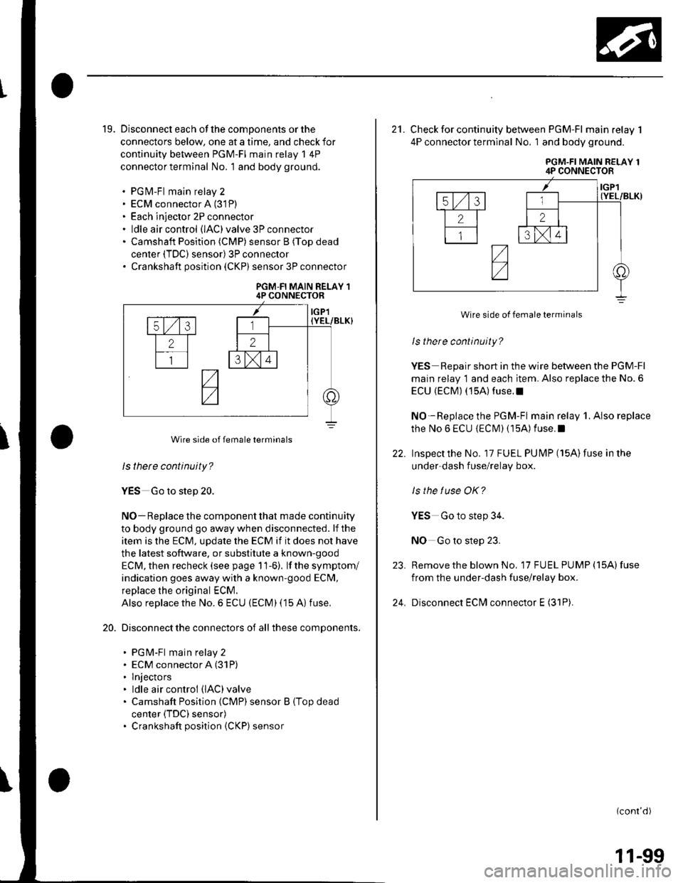 HONDA CIVIC 2003 7.G Manual PDF 19. Disconnect each of the components or the
connectors below, one at a time, and check for
continuity between PGM-FI main relay 1 4P
connector terminal No. 1 and body ground.
. PGfvl-Fl main relay 2. HONDA CIVIC 2003 7.G Manual PDF 19. Disconnect each of the components or the
connectors below, one at a time, and check for
continuity between PGM-FI main relay 1 4P
connector terminal No. 1 and body ground.
. PGfvl-Fl main relay 2.