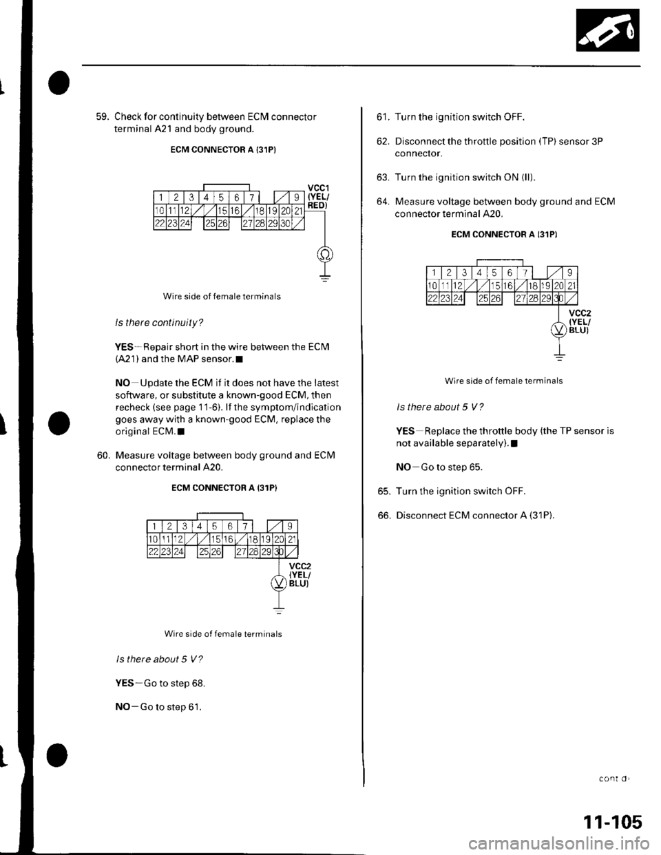 HONDA CIVIC 2002 7.G Manual PDF 59. Check for continuitv between ECIM connector
terminal 421 and body ground.
ECM CONNECTOR A {3,IPI
Wire side of female terminals
ls there continuity?
YES*Repair short in the wire between the ECM(421 HONDA CIVIC 2002 7.G Manual PDF 59. Check for continuitv between ECIM connector
terminal 421 and body ground.
ECM CONNECTOR A {3,IPI
Wire side of female terminals
ls there continuity?
YES*Repair short in the wire between the ECM(421