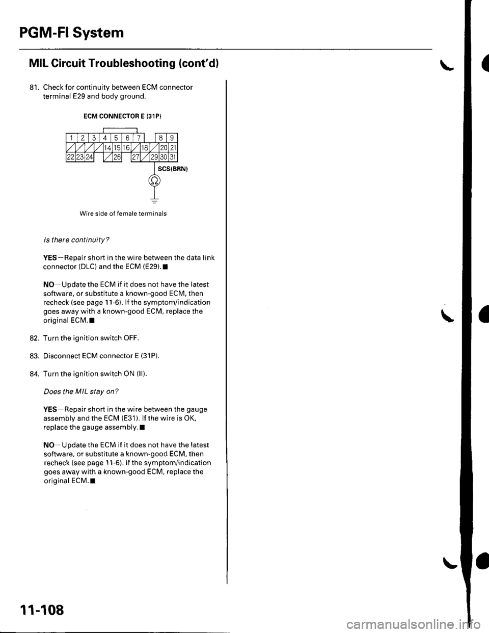 HONDA CIVIC 2003 7.G Workshop Manual PGM-FISystem
MIL Gircuit Troubleshooting (contd)
81. Check for continuity between ECM connector
terminal E29 and body ground.
ECM CONNECTOR E 131P}
r l2l3458I
14tc61,/1182A21
22123124271./3031
o
scs( HONDA CIVIC 2003 7.G Workshop Manual PGM-FISystem
MIL Gircuit Troubleshooting (contd)
81. Check for continuity between ECM connector
terminal E29 and body ground.
ECM CONNECTOR E 131P}
r l2l3458I
14tc61,/1182A21
22123124271./3031
o
scs(