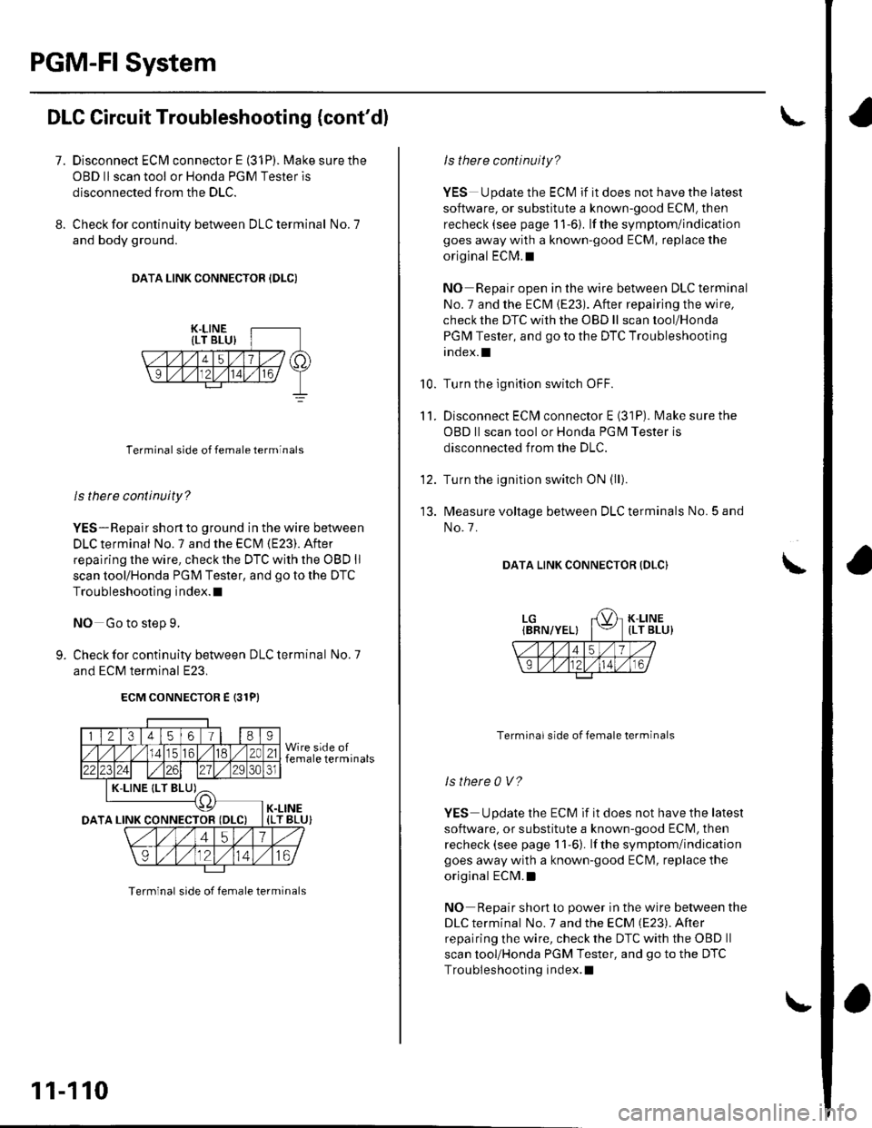 HONDA CIVIC 2003 7.G Workshop Manual PGM-FI System
DLC Circuit Troubleshooting {contdl
7. Disconnect EClvl connector E (31P). Make sure the
OBD llscan tool or Honda PGM Tester is
disconnected from the DLC.
8. Check for continuity betwee HONDA CIVIC 2003 7.G Workshop Manual PGM-FI System
DLC Circuit Troubleshooting {contdl
7. Disconnect EClvl connector E (31P). Make sure the
OBD llscan tool or Honda PGM Tester is
disconnected from the DLC.
8. Check for continuity betwee