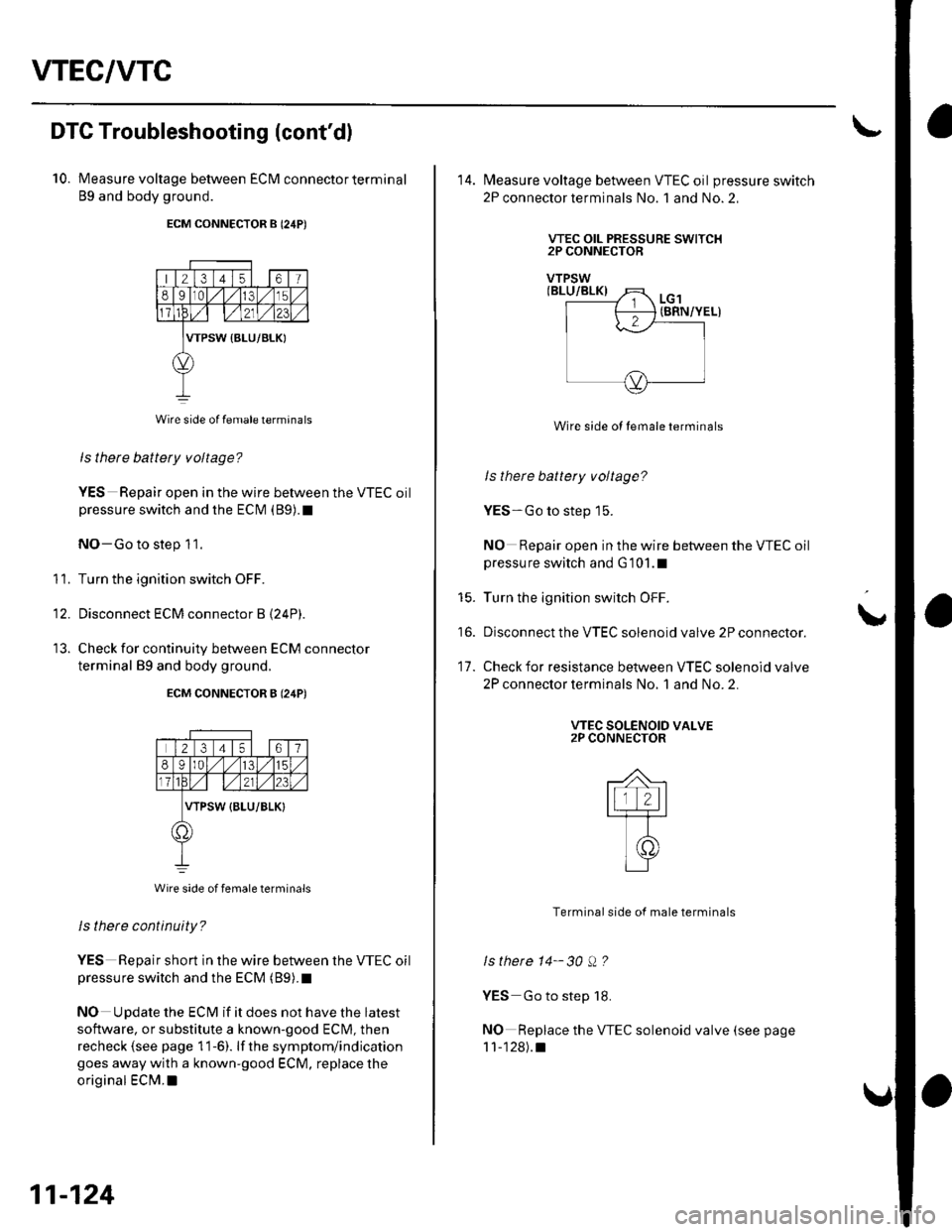 HONDA CIVIC 2003 7.G Workshop Manual VTEC/VTC
DTC Troubleshooting (contd)
10. Measure voltage between ECM connectorterminal
89 and body ground.
ECM CONNECTOR B (24P)
213 415o1
8Iat/t/n315
WPSW {BLU/BLK}
Wire side of Iemale terminals
ls HONDA CIVIC 2003 7.G Workshop Manual VTEC/VTC
DTC Troubleshooting (contd)
10. Measure voltage between ECM connectorterminal
89 and body ground.
ECM CONNECTOR B (24P)
213 415o1
8Iat/t/n315
WPSW {BLU/BLK}
Wire side of Iemale terminals
ls