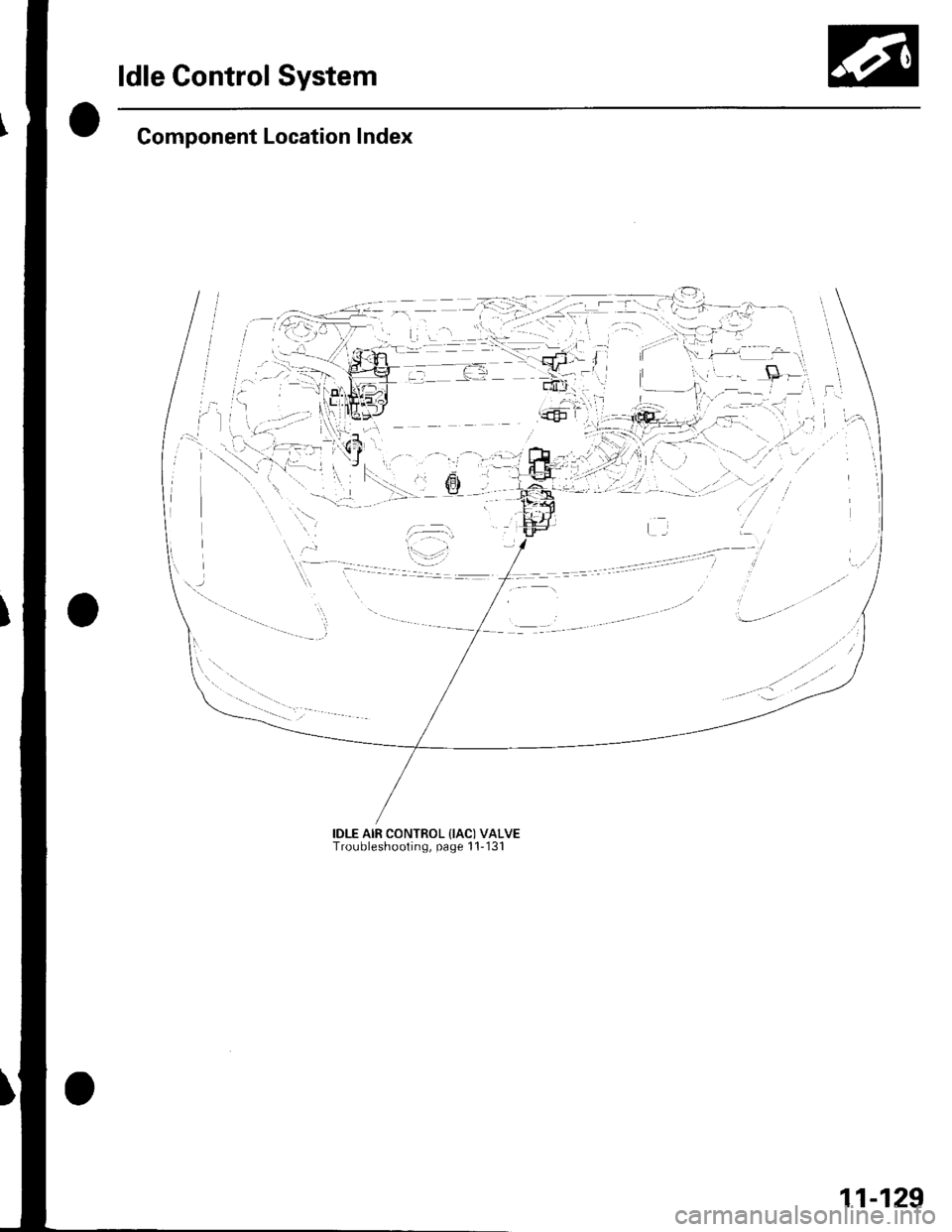 HONDA CIVIC 2003 7.G Workshop Manual ldle Gontrol System
Component Location Index
TE
IDLE AIR CONTROL {IAC) VALVETroubleshooting, page 1 1-131
11-129 HONDA CIVIC 2003 7.G Workshop Manual ldle Gontrol System
Component Location Index
TE
IDLE AIR CONTROL {IAC) VALVETroubleshooting, page 1 1-131
11-129