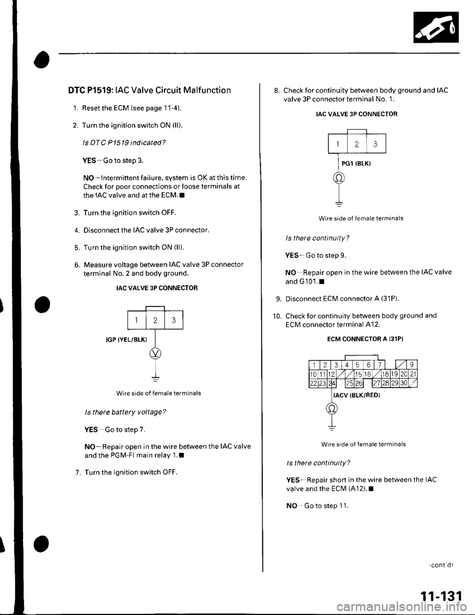 HONDA CIVIC 2003 7.G Service Manual DTC Pl519: IAC Valve Circuit Malf unction
1. Resetthe ECM (see page 11-4).
2. Turn the ignition switch ON (ll)
ls DTC P 1519 indicated?
YES Go to step 3.
NO-lntermittent failure, system is OK at this HONDA CIVIC 2003 7.G Service Manual DTC Pl519: IAC Valve Circuit Malf unction
1. Resetthe ECM (see page 11-4).
2. Turn the ignition switch ON (ll)
ls DTC P 1519 indicated?
YES Go to step 3.
NO-lntermittent failure, system is OK at this