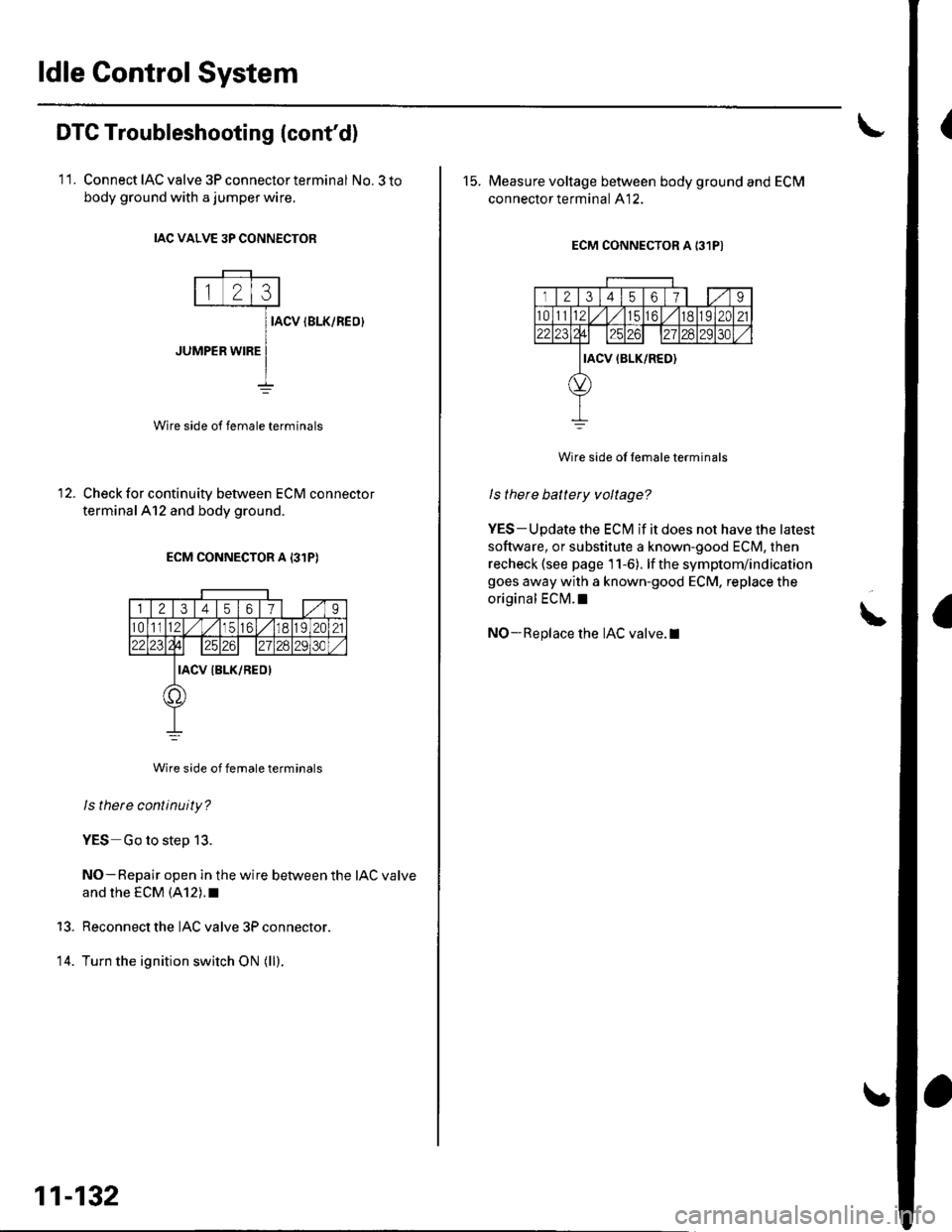 HONDA CIVIC 2003 7.G Workshop Manual ldle Control System
(DTC Troubleshooting (contd)
11. Connect IAC valve 3P connector terminal No.3 to
body ground with a jumper wire.
IAC VALVE 3P CONN€CTOR
IACV IBLK/REO}
JUMPER WIRE
Wire side of f