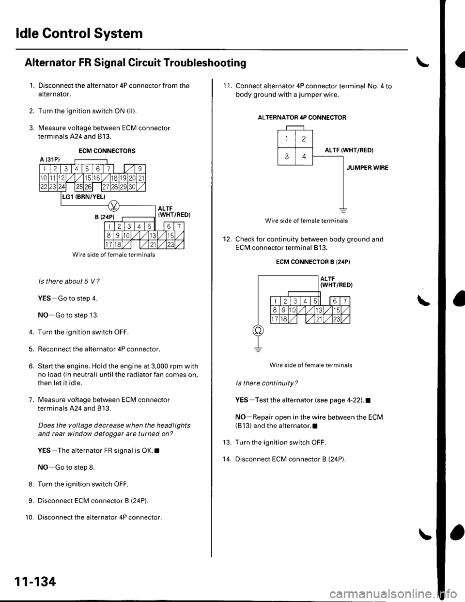 HONDA CIVIC 2003 7.G Workshop Manual ldle Gontrol System
t.
Alternator FR Signal Circuit Troubleshooting
Disconnect the alternator 4P connector from the
alternalor.
Turn the ignition switch ON {ll).
Measure voltage between ECM connector