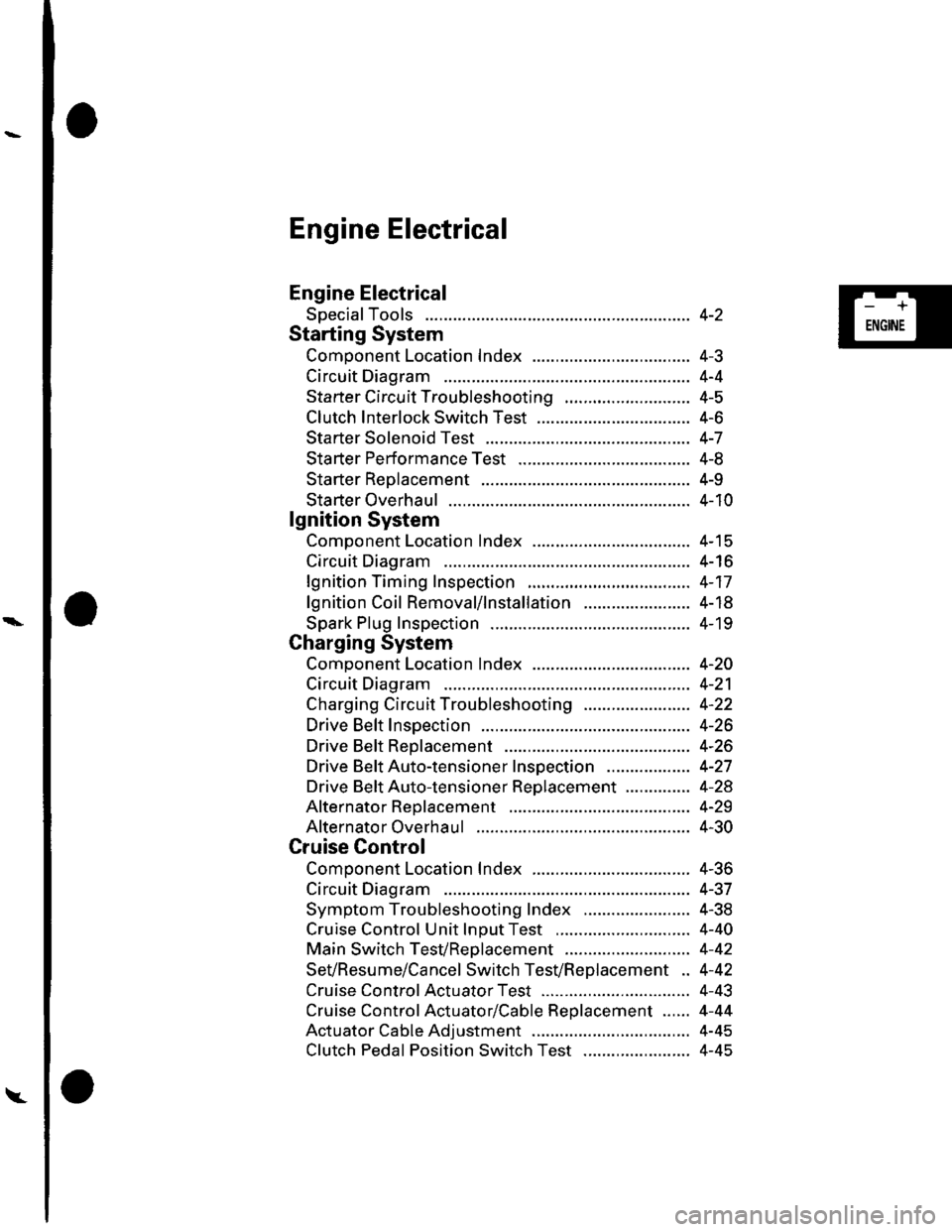 HONDA CIVIC 2002 7.G Workshop Manual \.
Engine Electrical
Engine Electrical
SpecialTools
Starting System
Comoonent Location Index ...............
Circuit Diagram
Starter Circu it Troubleshooting
Clutch Interlock Switch Test
Starter Solen