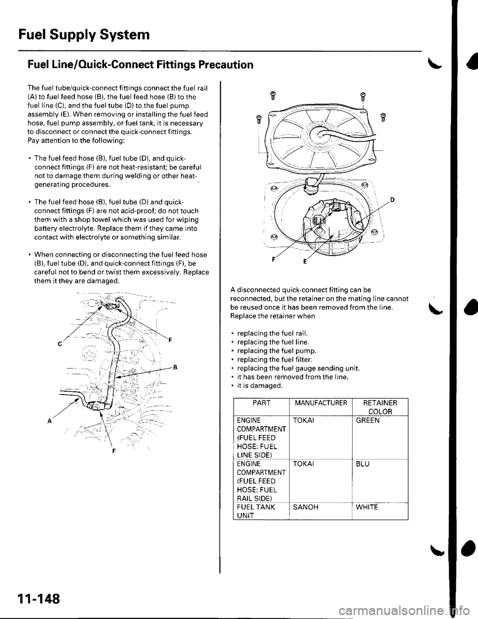 HONDA CIVIC 2003 7.G Workshop Manual Fuel Supply System
Fuel Line/Ouick-Connect Fittings Precaution
The fuel tube/quick-connect fittings connect the fuel rail(A)to fuel feed hose (B), the fuel feed hose (B) to the
fuel line (C), and the 