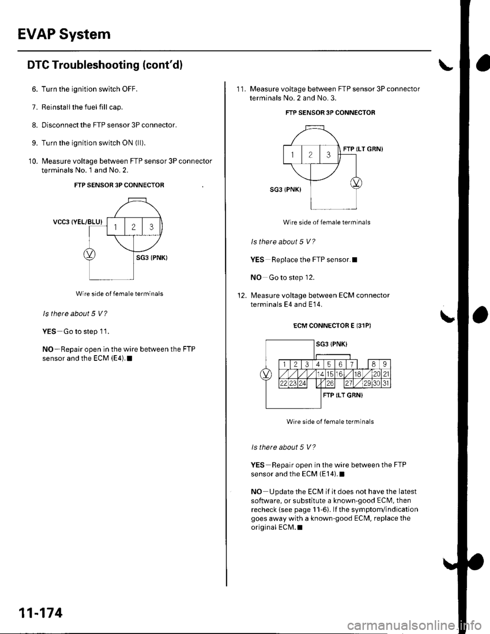 HONDA CIVIC 2002 7.G Owners Manual EVAP System
DTC Troubleshooting (contdl
6. Turn the ignition switch OFF.
7. Reinstall lhe fuel fill cap.
8. Disconnect the FTP sensor 3P connector.
9. Turn the ignition switch ON (ll).
10. l\4easure HONDA CIVIC 2002 7.G Owners Manual EVAP System
DTC Troubleshooting (contdl
6. Turn the ignition switch OFF.
7. Reinstall lhe fuel fill cap.
8. Disconnect the FTP sensor 3P connector.
9. Turn the ignition switch ON (ll).
10. l\4easure
