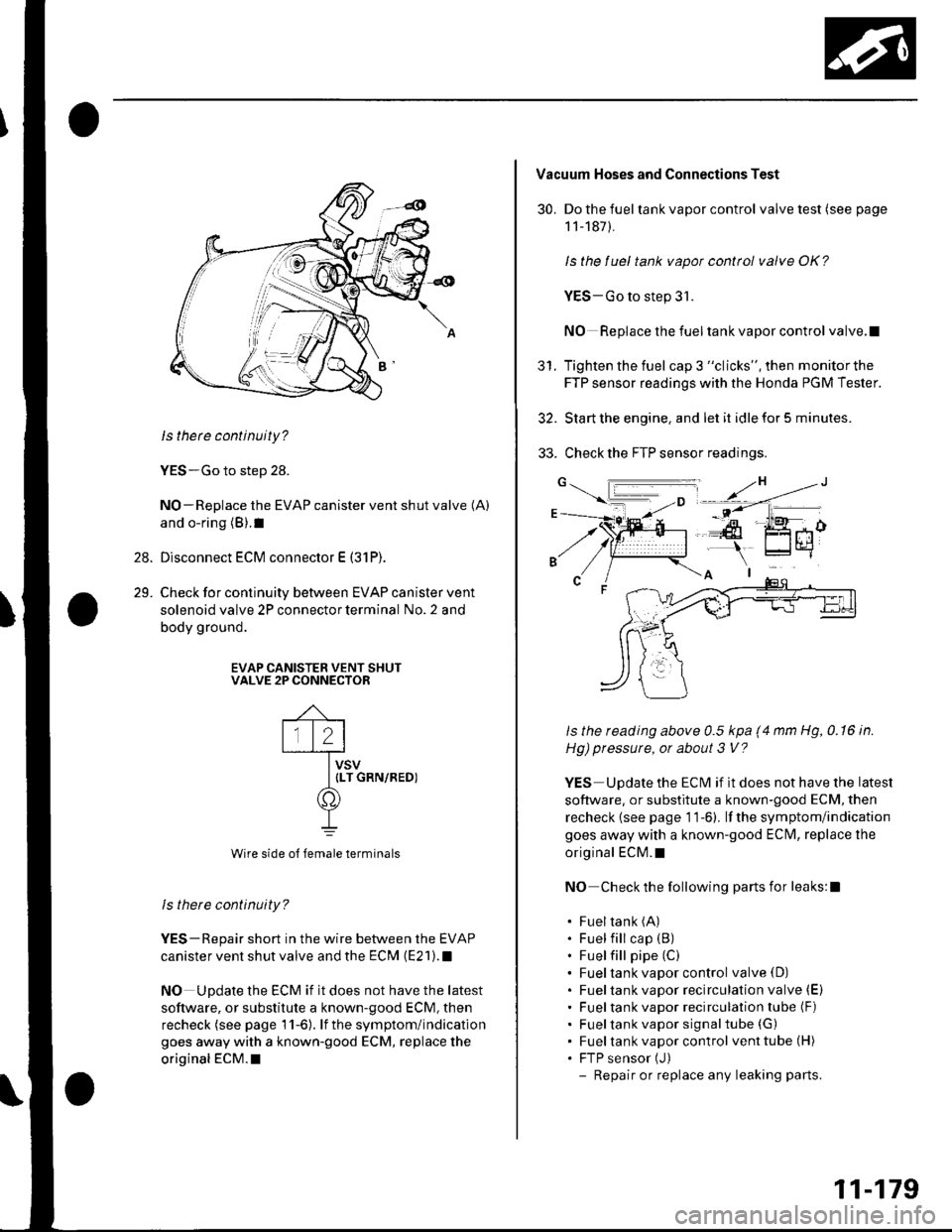 HONDA CIVIC 2003 7.G Workshop Manual 28.
29.
ls thete continuity?
YES-Go to step 28.
NO-Replace the EVAP canister vent shut valve (A)
and o-ring (B).1
Disconnect ECM connector E (31P).
Check for continuity between EVAP canister vent
sole
