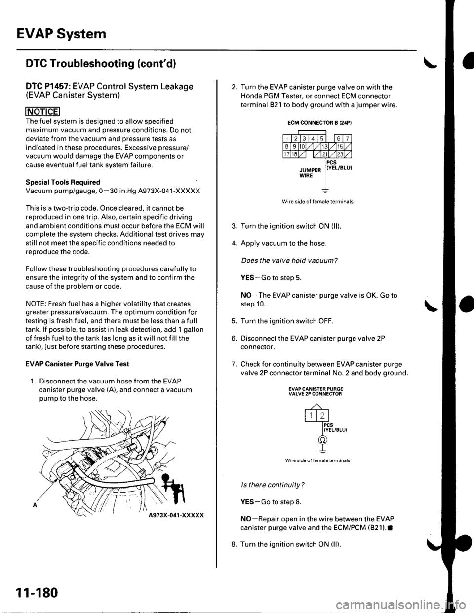 HONDA CIVIC 2003 7.G Owners Manual EVAP System
DTC Troubleshooting (contd)
DTC Pl457: EVAP Control System(EVAP Canister System)
Leakage
The fuel system is designed to allow specified
maximum vacuum and pressure conditions. Do not
devi HONDA CIVIC 2003 7.G Owners Manual EVAP System
DTC Troubleshooting (contd)
DTC Pl457: EVAP Control System(EVAP Canister System)
Leakage
The fuel system is designed to allow specified
maximum vacuum and pressure conditions. Do not
devi