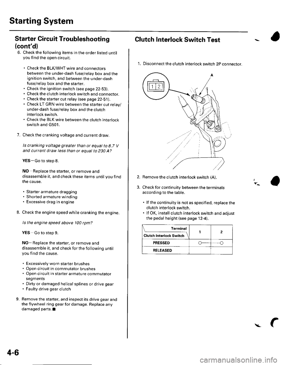 HONDA CIVIC 2003 7.G Workshop Manual Starting System
Starter Circuit Troubleshooting
(contdl
6. Check the following items in the order listed untilyou find the open circuit.
. Check the BLIVWHT wire and connectors
between the under-dash HONDA CIVIC 2003 7.G Workshop Manual Starting System
Starter Circuit Troubleshooting
(contdl
6. Check the following items in the order listed untilyou find the open circuit.
. Check the BLIVWHT wire and connectors
between the under-dash