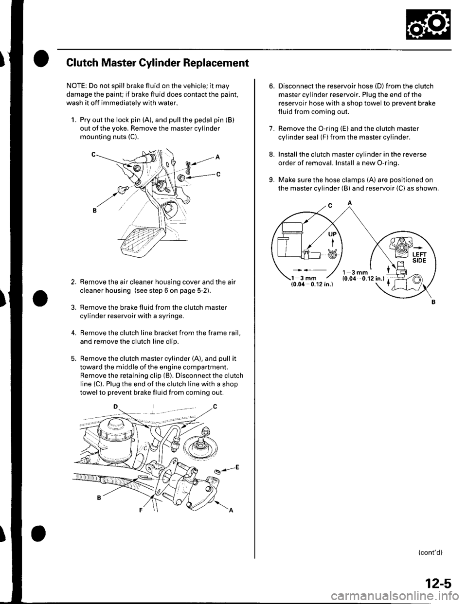 HONDA CIVIC 2003 7.G Workshop Manual Clutch Master Cylinder Replacement
NOTE: Do not spill brake fluid on the vehicle; it may
damage the paint; if brake fluid does contact the paint,
wash it off immediatelV with water.
1. Pry out the loc