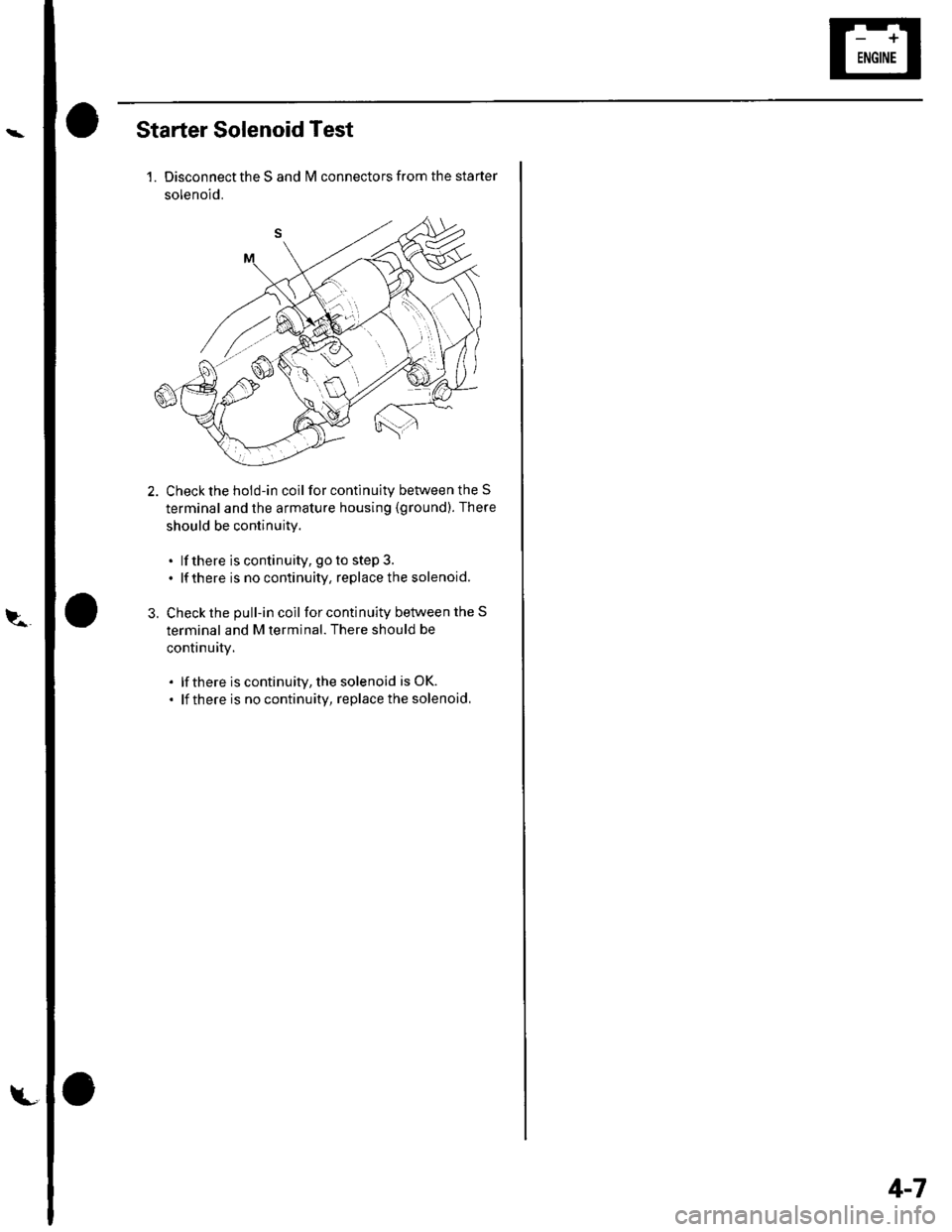HONDA CIVIC 2003 7.G Service Manual et
Starter Solenoid Test
1. Disconnect the S and lvl connectors from the starter
solenoid.
2. Check the hold-in coil for continuity between the S
terminal and the armature housing (ground). There
shou