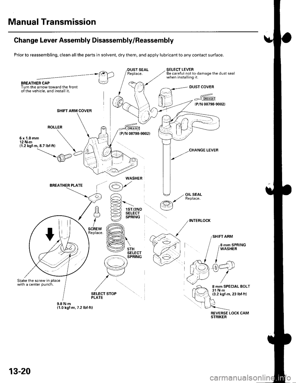 HONDA CIVIC 2003 7.G User Guide Manual Transmission
Change Lever Assembly Disassembly/Reassembly
Prior to reassembling, clean all the parts in solvent, dry them, and apply lubricant to any contact surface.
BREATHER CAPTurn the arrow