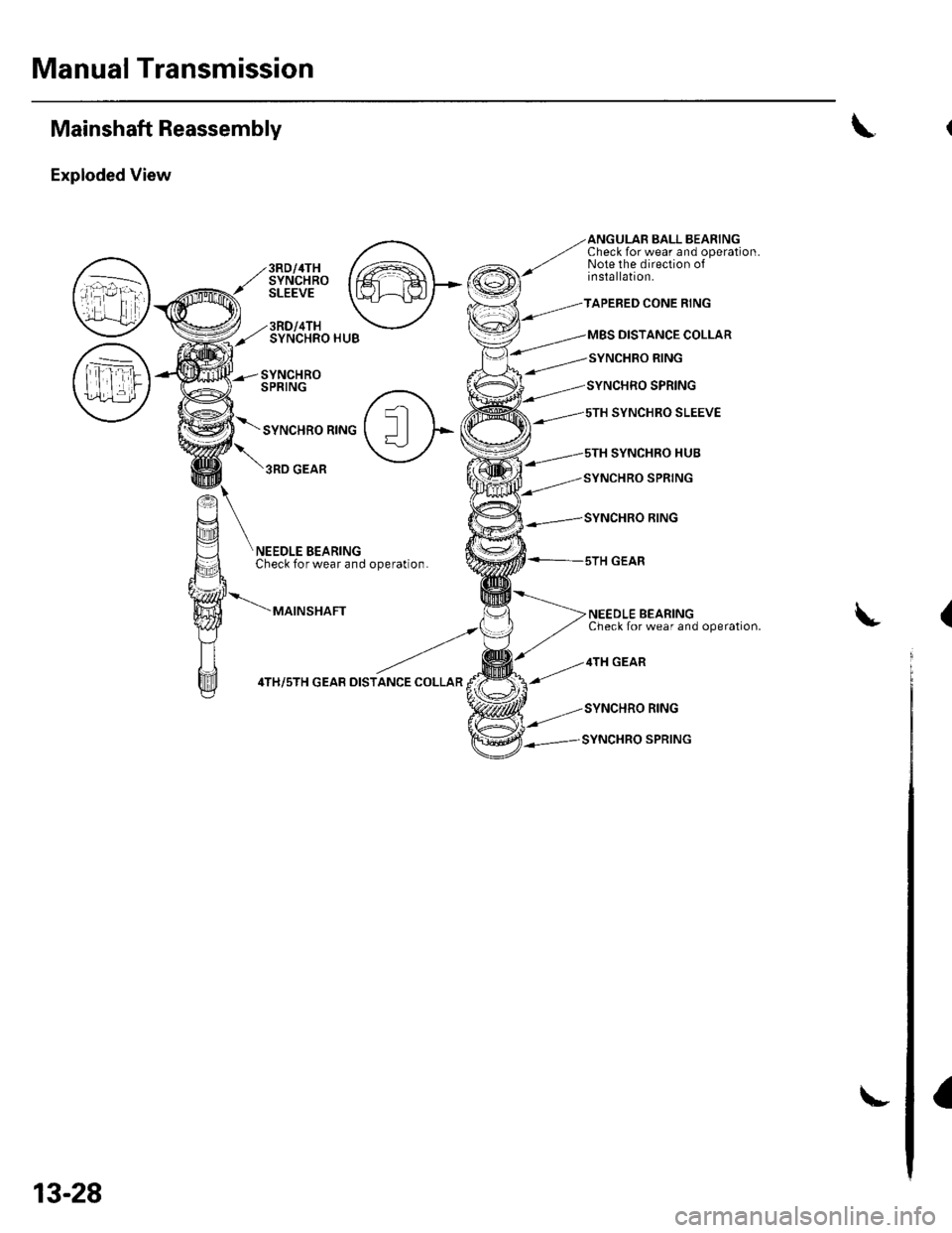 HONDA CIVIC 2003 7.G Workshop Manual Manual Transmission
Mainshaft Reassembly
Exploded View
A
QJ
frfl
Y7
ANGULAB BALL BEARINGCheck for wear and operation.Note the direction ofinstallation.3RD/4THSYNCHROSLEEVE
3RD/4THSYNCHRO HUB
SYNCHROS HONDA CIVIC 2003 7.G Workshop Manual Manual Transmission
Mainshaft Reassembly
Exploded View
A
QJ
frfl
Y7
ANGULAB BALL BEARINGCheck for wear and operation.Note the direction ofinstallation.3RD/4THSYNCHROSLEEVE
3RD/4THSYNCHRO HUB
SYNCHROS