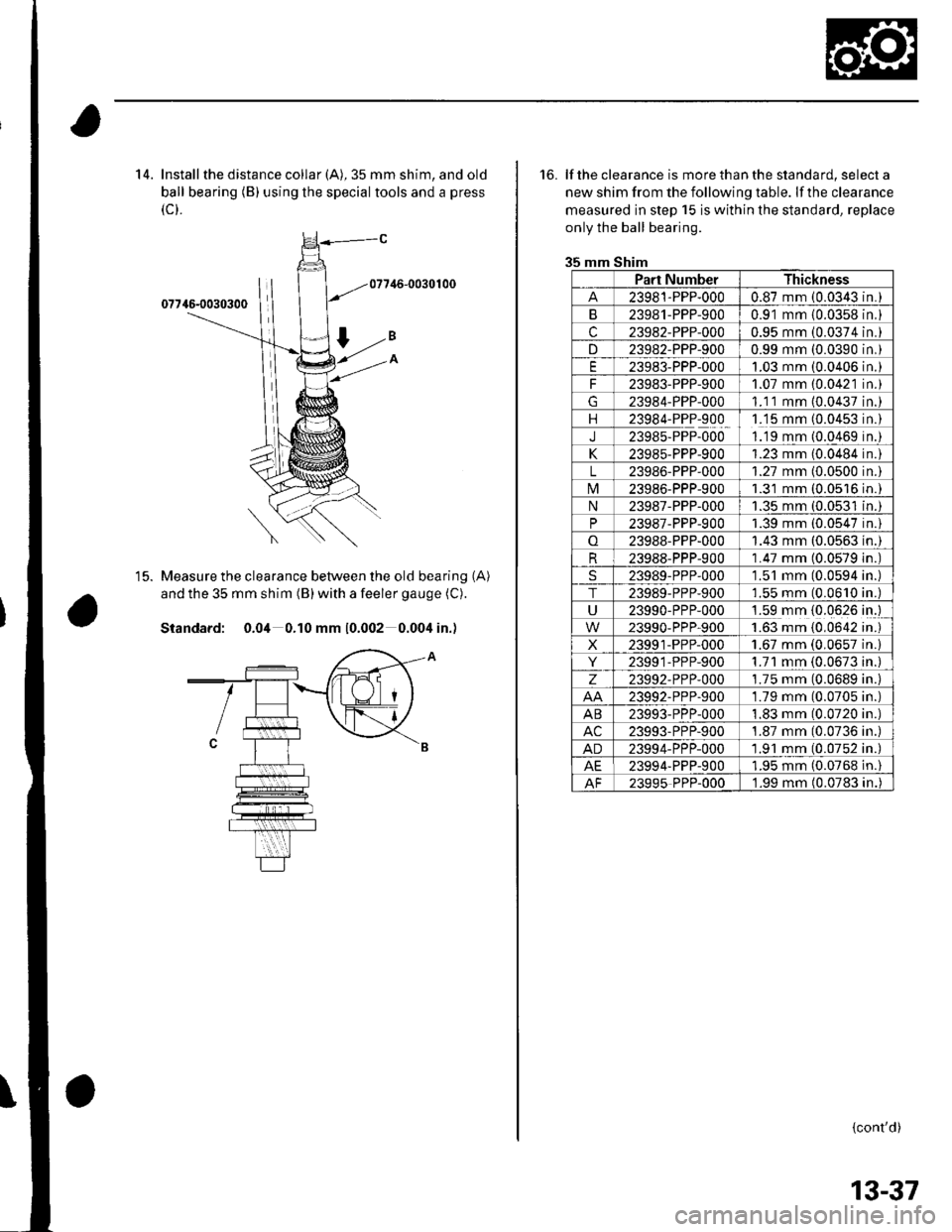 HONDA CIVIC 2003 7.G Workshop Manual 14. Install the distance collar (A), 35 mm shim, and old
ball bearing (B) using the special tools and a press
(c).
Measure the clearance between the old bearing
and the 35 mm shim (B) with a feeler ga HONDA CIVIC 2003 7.G Workshop Manual 14. Install the distance collar (A), 35 mm shim, and old
ball bearing (B) using the special tools and a press
(c).
Measure the clearance between the old bearing
and the 35 mm shim (B) with a feeler ga