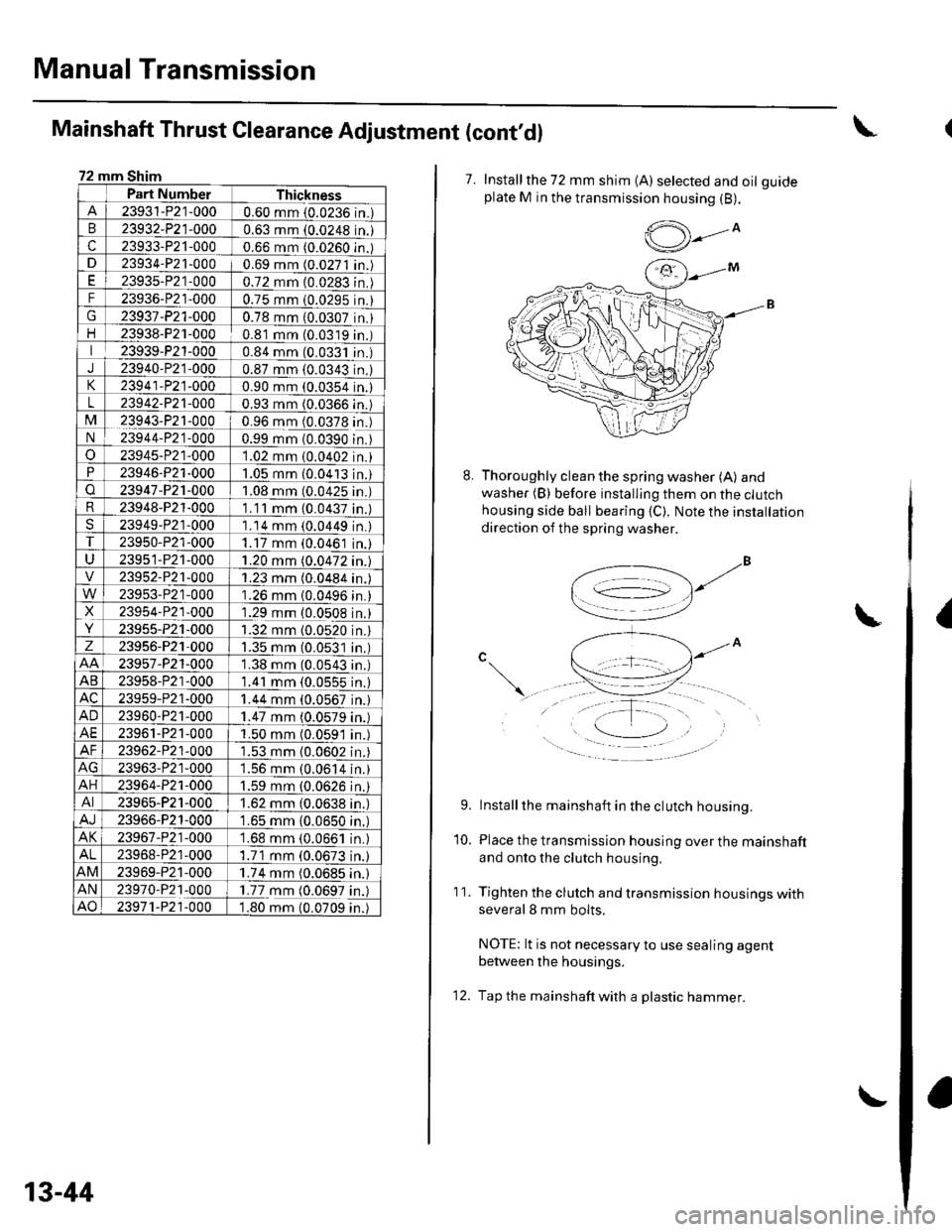 HONDA CIVIC 2003 7.G Workshop Manual Manual Transmission
Mainshaft Thrust Clearance Adjustment (contdl
72 mm Shim
Part NumberThickness
23931-P21-0000.60 mm {0.0236 in.)
B23932-P21-0000.63 mm (0.0248 in.
c23933-P21-0000.66 mm (0.0260 in. HONDA CIVIC 2003 7.G Workshop Manual Manual Transmission
Mainshaft Thrust Clearance Adjustment (contdl
72 mm Shim
Part NumberThickness
23931-P21-0000.60 mm {0.0236 in.)
B23932-P21-0000.63 mm (0.0248 in.
c23933-P21-0000.66 mm (0.0260 in.