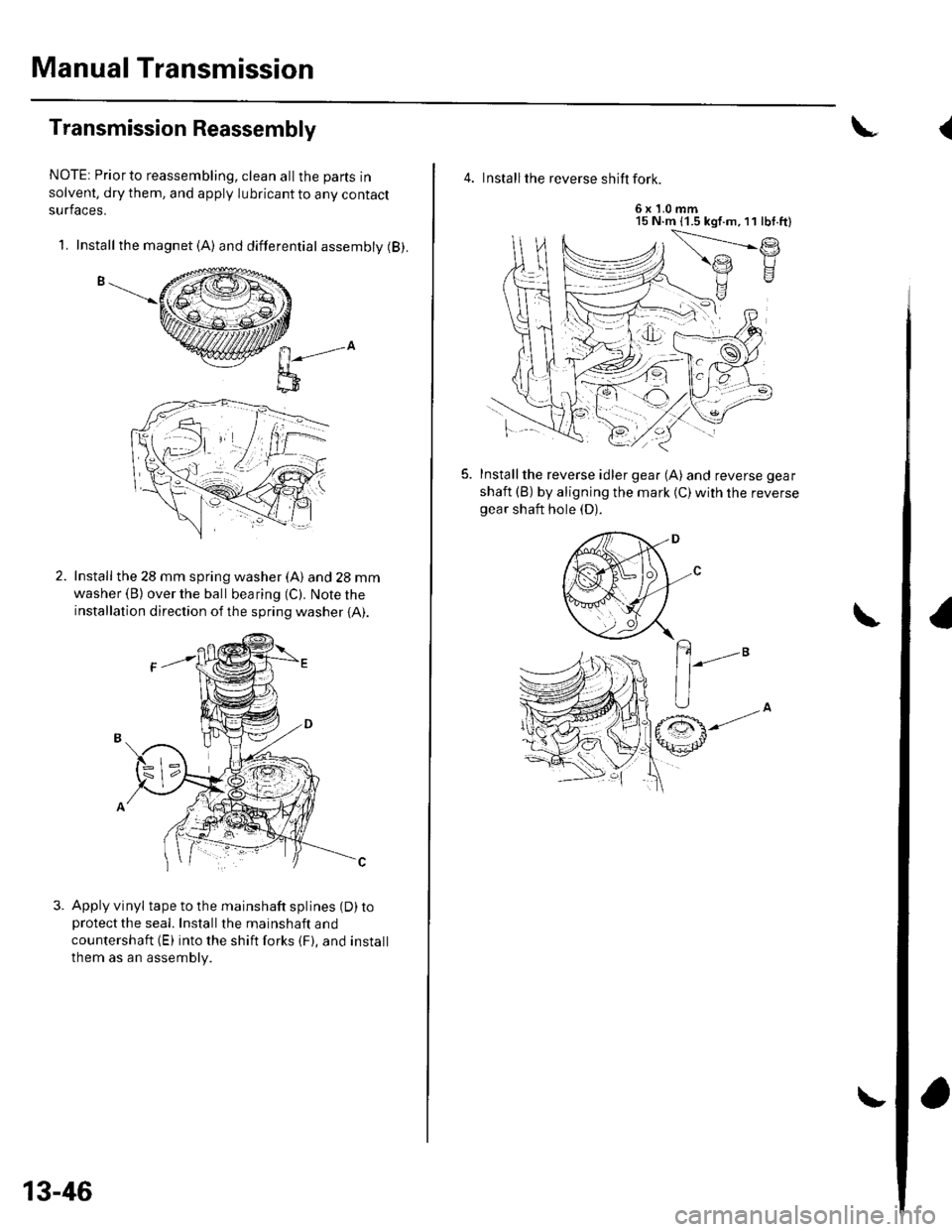 HONDA CIVIC 2003 7.G Workshop Manual Manual Transmission
Transmission Reassembly
NOTE: Priorto reassembling, clean allthe parts in
solvent, dry them, and apply lubricant to any contact
surfaces.
1. Install the magnet (A) and differential