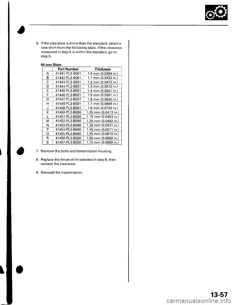 HONDA CIVIC 2003 7.G Workshop Manual 6. lf the clea rance is more than the standard, select a
new shim from the following table. lf the clearance
measured in step 5 is within the standard, go to
step 9.
80 mm Shim
Part NumberThickness
41