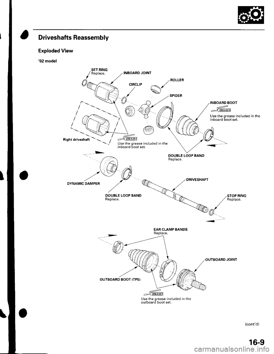 HONDA CIVIC 2002 7.G User Guide Driveshafts Reassembly
Exploded View
02 model
/
0e
SET RINGReplace.
6)
YJ
/"oH?"
/ #g!!a$il
/ Use the grease rrI inboard boot set.?-- / Use the grease Included in the// " , inboard boot set.
// / HONDA CIVIC 2002 7.G User Guide Driveshafts Reassembly
Exploded View
02 model
/
0e
SET RINGReplace.
6)
YJ
/"oH?"
/ #g!!a$il
/ Use the grease rrI inboard boot set.?-- / Use the grease Included in the// " , inboard boot set.
// /