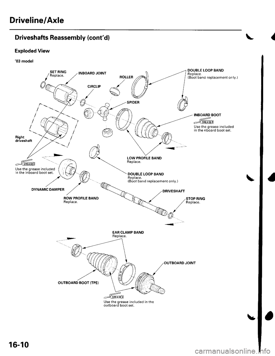 HONDA CIVIC 2002 7.G User Guide Driveline/Axle
Driveshafts Reassembly (contdl
Exploded View
03 model
INBOARO JOINT
CIRCLIP
E.
@(
ROLLEB
sl
DOUBLE LOOP BANDReplace.(Boot band replacement only.)
Use the grease includedin the nboard HONDA CIVIC 2002 7.G User Guide Driveline/Axle
Driveshafts Reassembly (contdl
Exploded View
03 model
INBOARO JOINT
CIRCLIP
E.
@(
ROLLEB
sl
DOUBLE LOOP BANDReplace.(Boot band replacement only.)
Use the grease includedin the nboard
