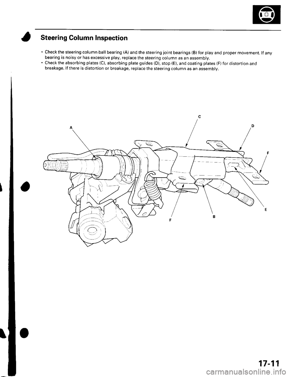 HONDA CIVIC 2003 7.G Workshop Manual Steering Column Inspection
. Check the steering column ball bearing(A) andthesteeringjointbearings(B)forplayandpropermovement. lfanybearing is noisy or has excessive play, replace the steering column HONDA CIVIC 2003 7.G Workshop Manual Steering Column Inspection
. Check the steering column ball bearing(A) andthesteeringjointbearings(B)forplayandpropermovement. lfanybearing is noisy or has excessive play, replace the steering column