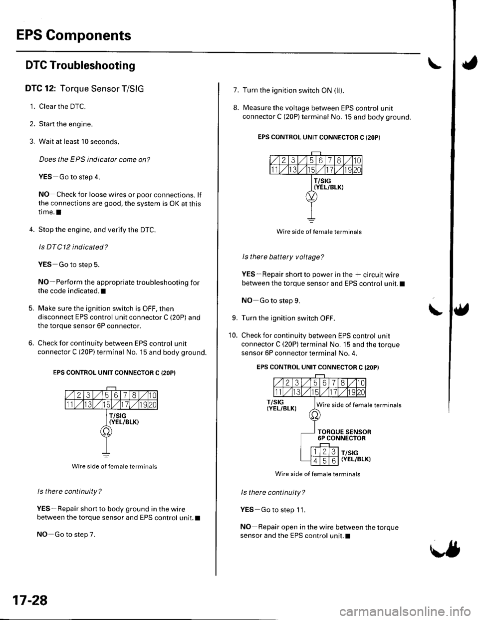 HONDA CIVIC 2003 7.G Workshop Manual EPS Components
DTC Troubleshooting
DTC 12: Torque Sensor T/SIG
1. Clear the DTC.
2. Stan the engine.
3. Wait at least 10 seconds.
Does the EPS indicatot come on?
YES Go to step 4.
NO Check for loose w HONDA CIVIC 2003 7.G Workshop Manual EPS Components
DTC Troubleshooting
DTC 12: Torque Sensor T/SIG
1. Clear the DTC.
2. Stan the engine.
3. Wait at least 10 seconds.
Does the EPS indicatot come on?
YES Go to step 4.
NO Check for loose w