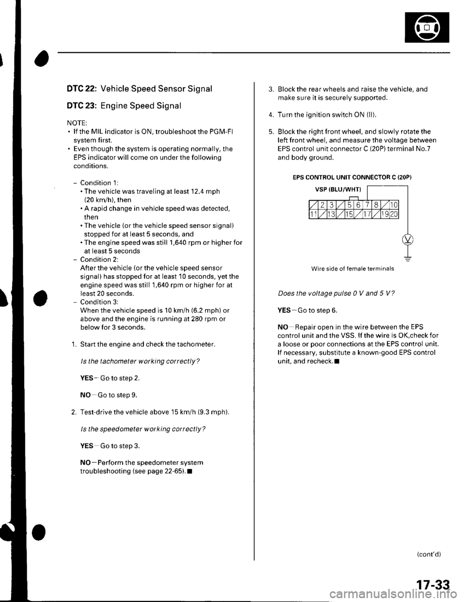 HONDA CIVIC 2003 7.G Workshop Manual DTC 22: Vehicle Speed Sensor Signal
DTC 23: Engine Speed Signal
NOTE:. lf the MIL indicator is ON, troubleshoot the PGIVI-Fl
system first.. Even though the system is operating normally, the
EPS indica HONDA CIVIC 2003 7.G Workshop Manual DTC 22: Vehicle Speed Sensor Signal
DTC 23: Engine Speed Signal
NOTE:. lf the MIL indicator is ON, troubleshoot the PGIVI-Fl
system first.. Even though the system is operating normally, the
EPS indica