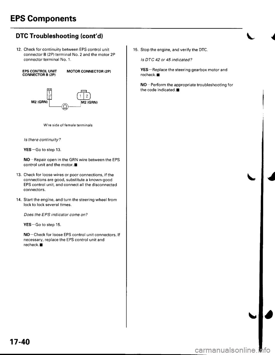 HONDA CIVIC 2003 7.G Workshop Manual EPS Gomponents
DTG Troubleshooting (contd)
12. Check for continuity between EPS control unit
connector B (2P)terminal No. 2 and the motor 2P
connector terminal No. 1.
EPS CONTROL UNITCONNECTOR B I2PI HONDA CIVIC 2003 7.G Workshop Manual EPS Gomponents
DTG Troubleshooting (contd)
12. Check for continuity between EPS control unit
connector B (2P)terminal No. 2 and the motor 2P
connector terminal No. 1.
EPS CONTROL UNITCONNECTOR B I2PI