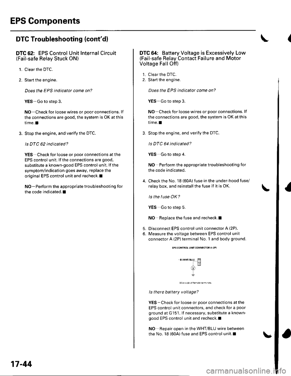 HONDA CIVIC 2003 7.G Workshop Manual EPS Components
DTC Troubleshootang (contdl
DTC 62: EPS Control Unit Internal Circuit
(Fail-safe Relay Stuck ON)
1. Clear the DTC.
2. Start the engine.
Does the EPS indicator come on?
YES-Go to step 