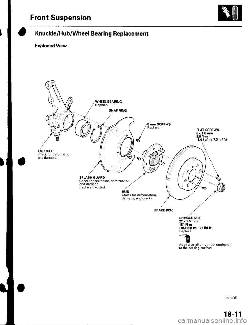 HONDA CIVIC 2002 7.G Workshop Manual Front Suspension
Knuckle/Hub/Wheel Bearing Replacement
Exploded View
Check for delormationano oamage.
SPLASH GUARDCheck for corrosion. delormation.and damage.Replace if rusted.
WHEEL BEARINGReplace.
5 HONDA CIVIC 2002 7.G Workshop Manual Front Suspension
Knuckle/Hub/Wheel Bearing Replacement
Exploded View
Check for delormationano oamage.
SPLASH GUARDCheck for corrosion. delormation.and damage.Replace if rusted.
WHEEL BEARINGReplace.
5