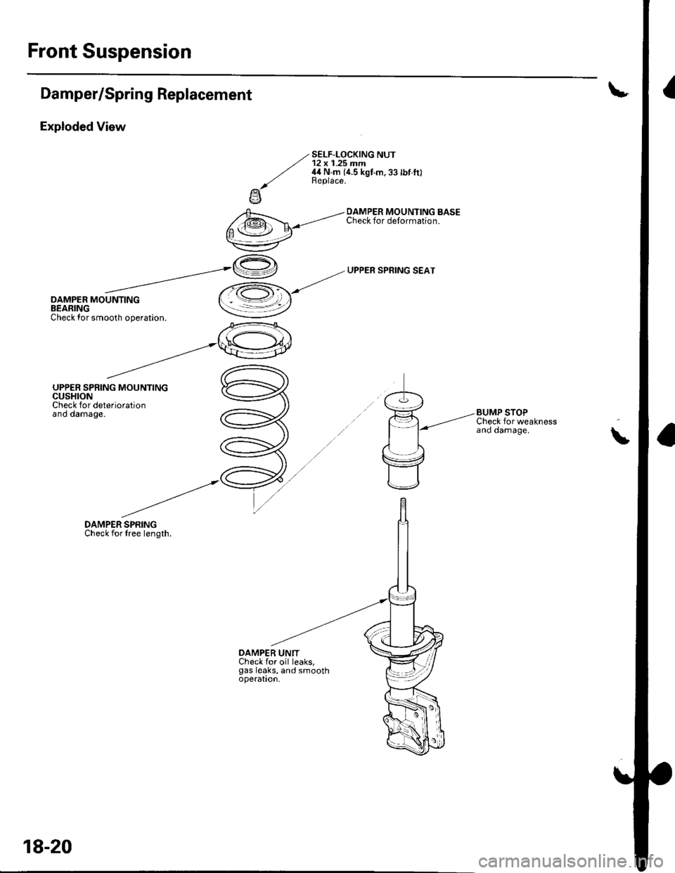 HONDA CIVIC 2003 7.G Workshop Manual Front Suspension
Damper/Spring Replacement
Exploded View
DAMPER MOUNTINGBEARING
UPPER SPRING MOUNTINGCUSHIONCheck for deteriorationano oamage,
DAMPER SPRINGCheck for lree length.
./ SELF-LOCK|NG NUT/.