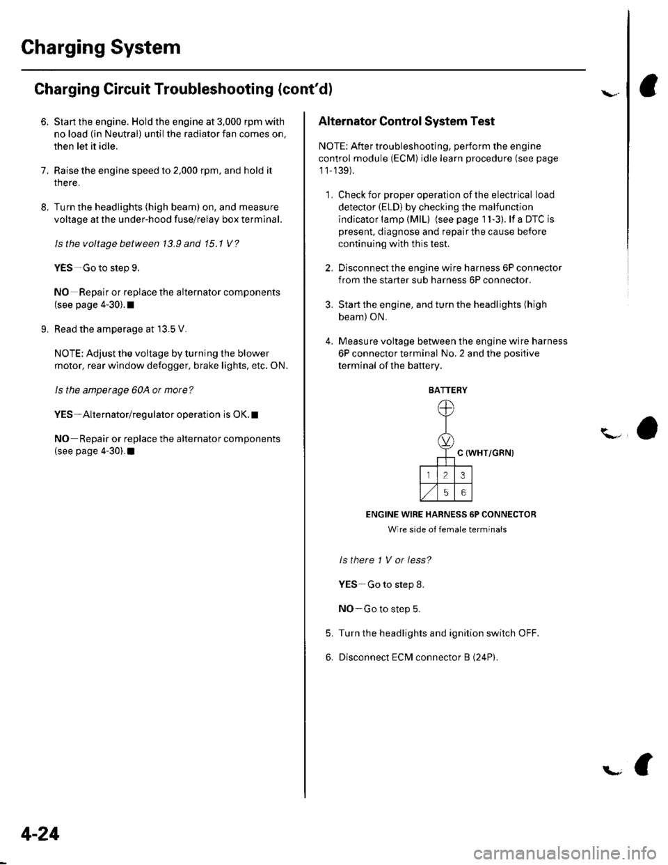 HONDA CIVIC 2002 7.G Workshop Manual Gharging System
Charging Circuit Troubleshooting (contd)
6. Start the engine. Hold the engine at 3,000 rpm with
no load (in Neutral) until the radiator fan comes on,
then let it idle.
7. Raise the en