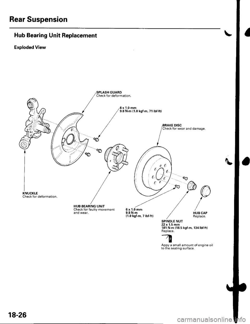 HONDA CIVIC 2002 7.G Workshop Manual Rear Suspension
Hub Bearing Unit Replacement
Exploded View
Check for delormation.
SPLASH GUARDCheck for deformation.
x 1.0 mm9.8 N.m (1.0 kgf.m, ?1 lbf ftl
HUB BEARING UNITCheck for faulty movementand HONDA CIVIC 2002 7.G Workshop Manual Rear Suspension
Hub Bearing Unit Replacement
Exploded View
Check for delormation.
SPLASH GUARDCheck for deformation.
x 1.0 mm9.8 N.m (1.0 kgf.m, ?1 lbf ftl
HUB BEARING UNITCheck for faulty movementand