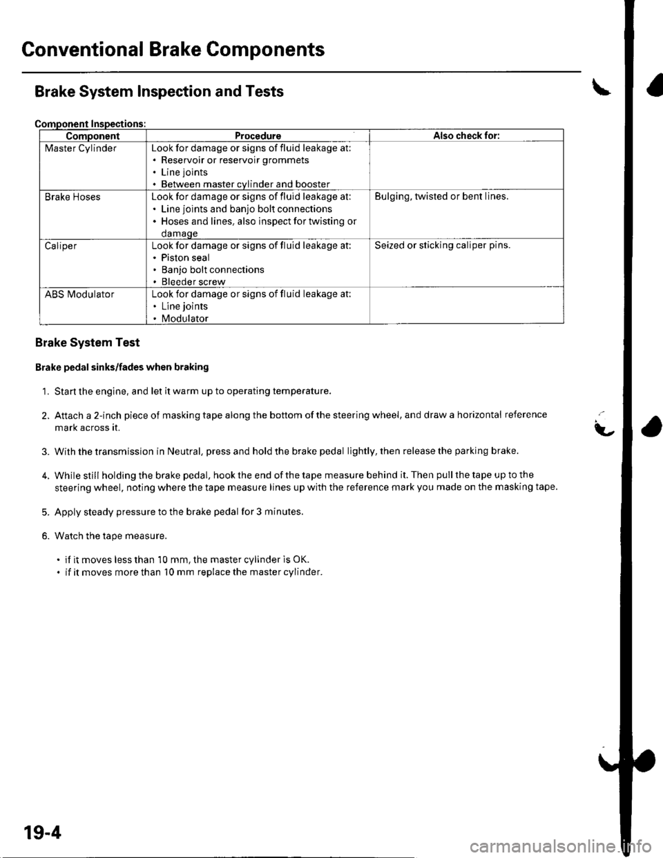 HONDA CIVIC 2003 7.G Service Manual Gonventional Brake Components
ComponentProcedureAlso check for:
l\4aster CylinderLook for damage or signs of fluid leakage at;. Reservoir or reservoir grommets
. Line joints
. Between master cvlinder HONDA CIVIC 2003 7.G Service Manual Gonventional Brake Components
ComponentProcedureAlso check for:
l\4aster CylinderLook for damage or signs of fluid leakage at;. Reservoir or reservoir grommets
. Line joints
. Between master cvlinder