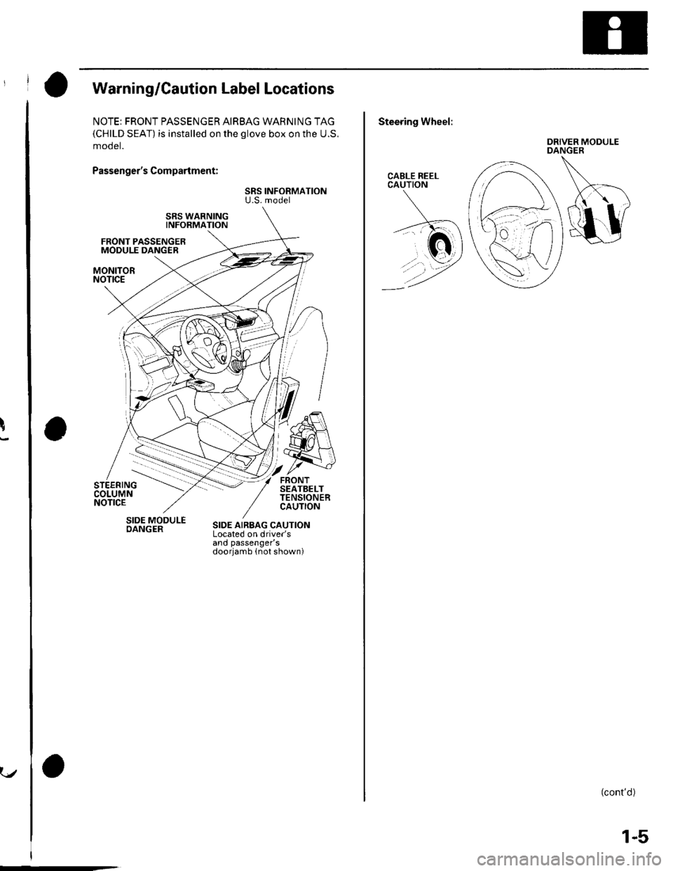 HONDA CIVIC 2003 7.G Workshop Manual !
..r
, I O warning/cautionLabelLocations
NOTE: FRONT PASSENGER AIRBAG WARNING TAG(CHILD SEAT) is installed on the glove box on the U.S.
mooet.
Passengers Compartment:
SRS INFORMATIONU.S. model
SRS 