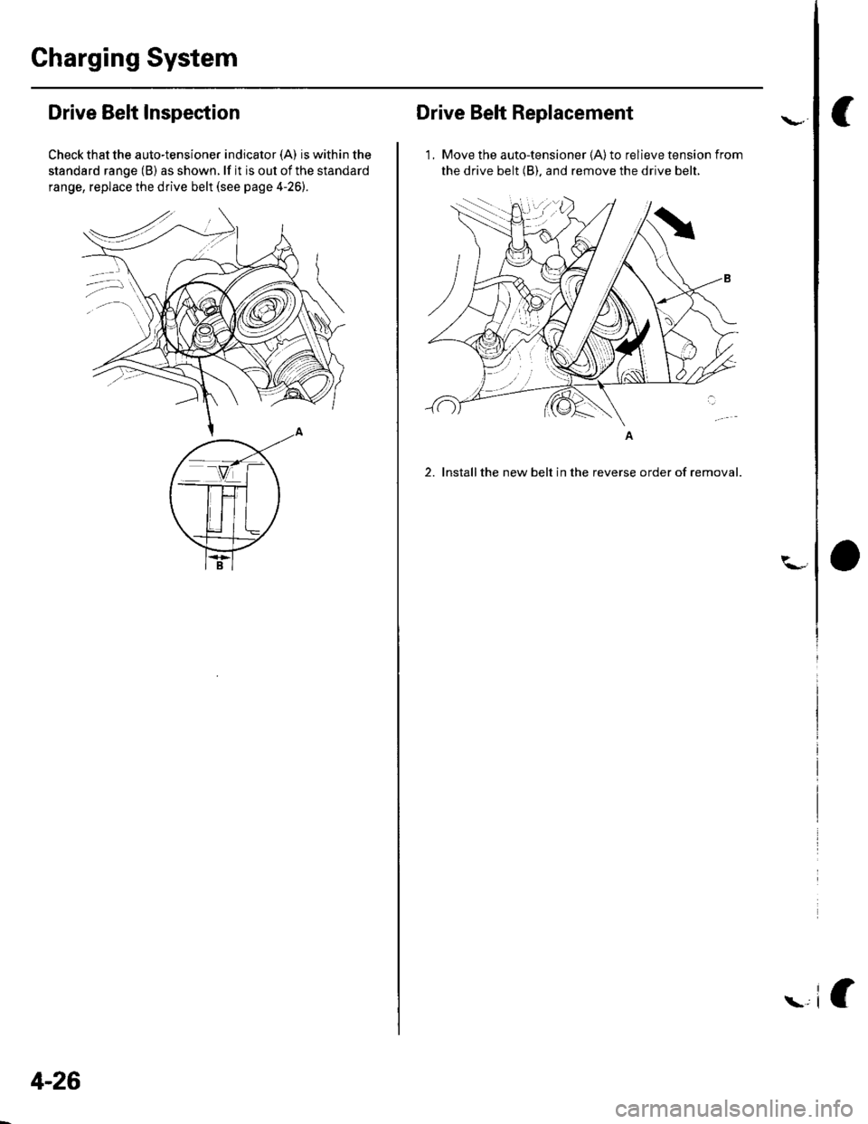 HONDA CIVIC 2003 7.G Repair Manual Charging System
Drive Belt Inspection
Check that the auto-tensioner indicator (A) is within the
standard range (B) as shown. lf it is out of the standard
range, replace the drive belt (see page 4-26). HONDA CIVIC 2003 7.G Repair Manual Charging System
Drive Belt Inspection
Check that the auto-tensioner indicator (A) is within the
standard range (B) as shown. lf it is out of the standard
range, replace the drive belt (see page 4-26).
