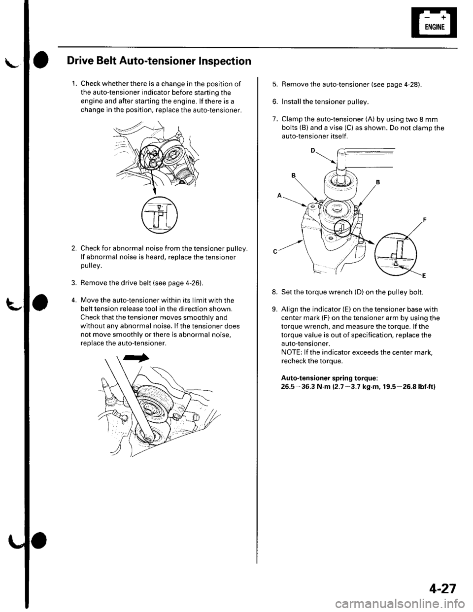 HONDA CIVIC 2003 7.G Repair Manual \Drive Belt Auto-tensioner Inspection
1.Check whether there is a change in the position of
the auto-tensioner indicator before starting the
engine and after starting the engine. lf there is a
change i HONDA CIVIC 2003 7.G Repair Manual \Drive Belt Auto-tensioner Inspection
1.Check whether there is a change in the position of
the auto-tensioner indicator before starting the
engine and after starting the engine. lf there is a
change i