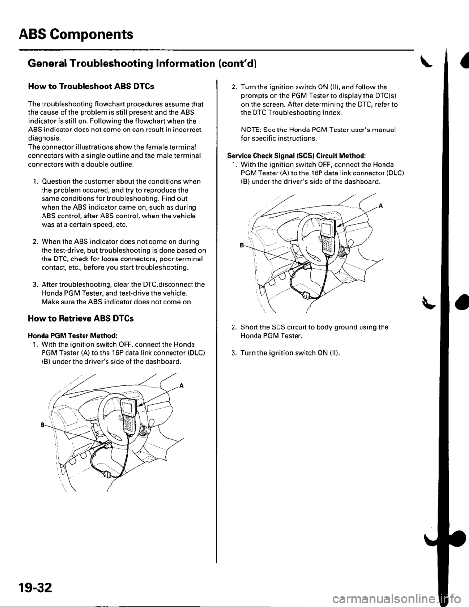 HONDA CIVIC 2003 7.G Workshop Manual ABS Components
General Troubleshooting Information (contd)
How to Troubleshoot ABS DTCs
The troubleshooting flowchart procedures assume that
the cause of the oroblem is still Dresent and the ABS
indi