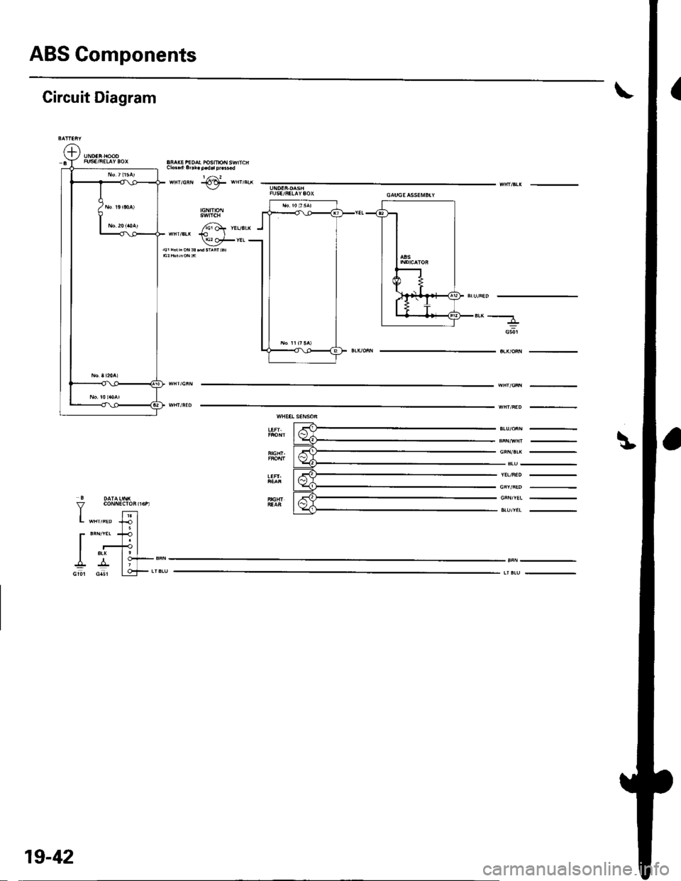 HONDA CIVIC 2002 7.G Owners Manual ABS Gomponents
Circuit Diagram
L "**" lJ I5l
r**t?lI r+l
I ^ lo+-sN
Gu csl LqF**,
"-----
G50l
19-42 HONDA CIVIC 2002 7.G Owners Manual ABS Gomponents
Circuit Diagram
L "**" lJ I5l
r**t?lI r+l
I ^ lo+-sN
Gu csl LqF**,
"-----
G50l
19-42