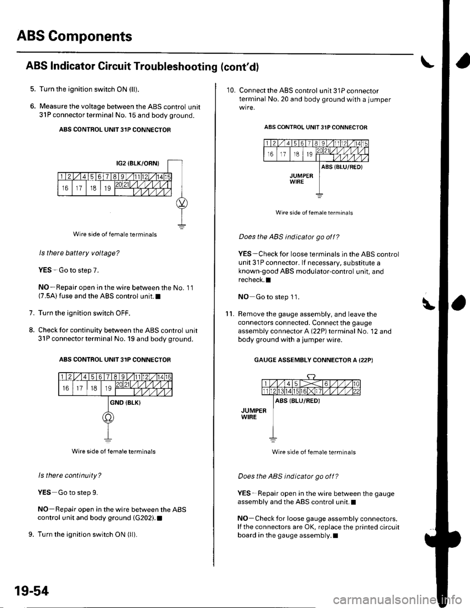 HONDA CIVIC 2002 7.G Repair Manual ABS Components
5.
6.
ABS Indicator Circuit Troubleshooting (contdl
Turn the ignition switch ON (ll).
Measure the voltage between the ABS control unit
31P connector termina I No. 15 and body ground.
A HONDA CIVIC 2002 7.G Repair Manual ABS Components
5.
6.
ABS Indicator Circuit Troubleshooting (contdl
Turn the ignition switch ON (ll).
Measure the voltage between the ABS control unit
31P connector termina I No. 15 and body ground.
A