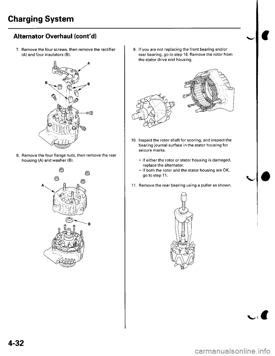 HONDA CIVIC 2003 7.G Repair Manual Charging System
Alternator Overhaul (contdl
7. Remove the four screws, then remove the rectifier
(A) and four insulators (B).
Remove the four flange nuts, then remove the rear
housing (A) and washer HONDA CIVIC 2003 7.G Repair Manual Charging System
Alternator Overhaul (contdl
7. Remove the four screws, then remove the rectifier
(A) and four insulators (B).
Remove the four flange nuts, then remove the rear
housing (A) and washer