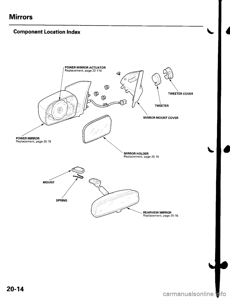 HONDA CIVIC 2003 7.G Workshop Manual Mirrors
Component Location Index
POWER MIRRORReplacement, page 20-15
.a b\.\|  \-r<,,/
\.J \\.4 \
1\
 
TWEETER
TWEETER
MIRROR MOUNT COVER
MIRROR HOLDERReplacement, page 20 15
__.Q
--MOUNT 
/
/
REAR