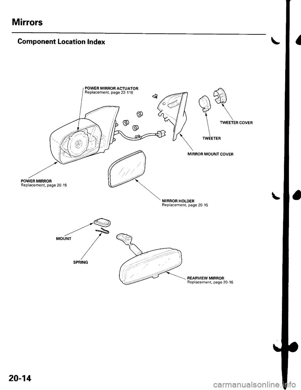 HONDA CIVIC 2003 7.G Workshop Manual Mirrors
Component Location Index
POWER MIRRORReplacement, page 20-15
.a b\.\| \-r<,,/
\.J \\.4 \
1\
TWEETER
TWEETER
MIRROR MOUNT COVER
MIRROR HOLDERReplacement, page 20 15
__.Q
--MOUNT
/
/
REAR HONDA CIVIC 2003 7.G Workshop Manual Mirrors
Component Location Index
POWER MIRRORReplacement, page 20-15
.a b\.\| \-r<,,/
\.J \\.4 \
1\
TWEETER
TWEETER
MIRROR MOUNT COVER
MIRROR HOLDERReplacement, page 20 15
__.Q
--MOUNT
/
/
REAR