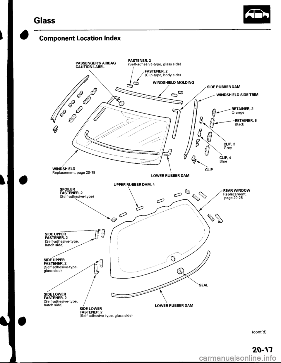 HONDA CIVIC 2003 7.G Workshop Manual Glass
Component Location Index
PASSENGERS AIRSAGCAUTION LABEL
FASTENER,2{Self-adhesive-type, glass side)
SIDE RUBBER DAM
WINDSHIELD SIDE TRIM
m-_-==}lny ,
S{|---..------RErANER,6
f..N;	J \
e 
N8*