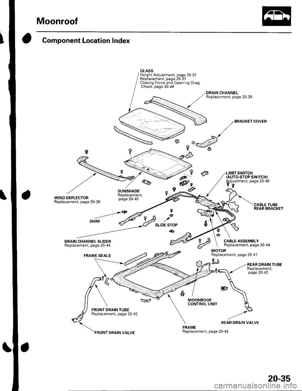 HONDA CIVIC 2003 7.G Workshop Manual Moonroof
Component Location Index
WIND DEFLECTORReplacement, page 20-38
GLASSHeight Adjustment, page 20 37Replacement, paqe 20-37Closino Force and Ooenino DraoCheck; page 20-48 "
DRAIN CHANNELReplacem HONDA CIVIC 2003 7.G Workshop Manual Moonroof
Component Location Index
WIND DEFLECTORReplacement, page 20-38
GLASSHeight Adjustment, page 20 37Replacement, paqe 20-37Closino Force and Ooenino DraoCheck; page 20-48 "
DRAIN CHANNELReplacem