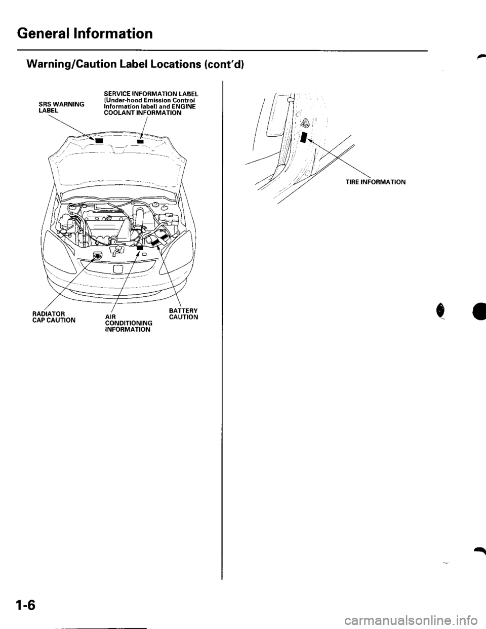 HONDA CIVIC 2002 7.G Workshop Manual General Information
Warning/Caution Label Locations (contdl
SRS WARNINGLABEL
SERVICE INFORMATION LABEL(Undor-hood Emission ControlInformation lab€l) and ENGINECOOLANT INFORMATION
RADIATORCAP CAUTIO