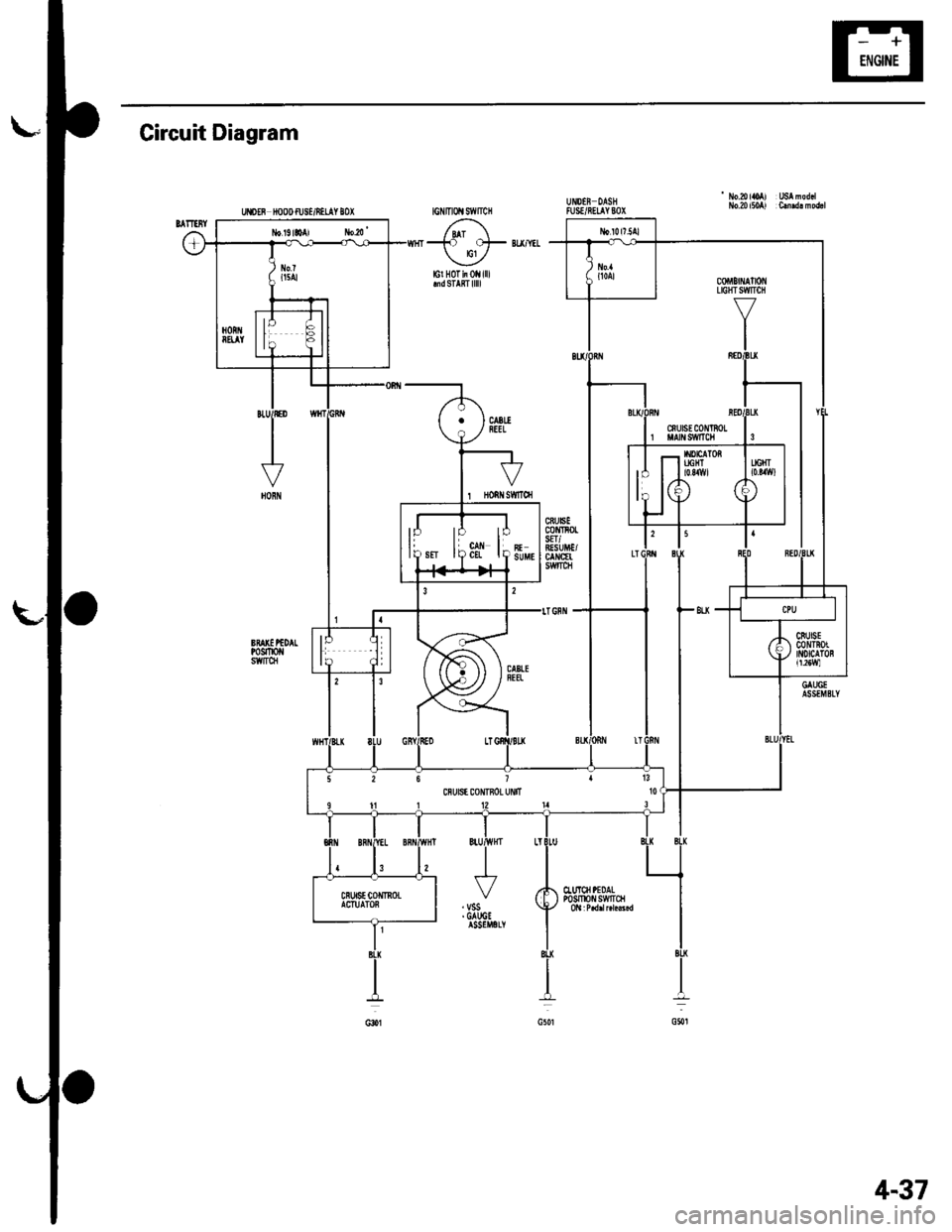 HONDA CIVIC 2003 7.G Workshop Manual Circuit Diagram
 No.aloAl USAnod.lNo.20 itoAl C.md! modrlUISEF NOOD fUS/iILAY IOX
-to ots BU/YIL
lcl H0Tii0llilllmdSTARTlllll
1 Honilsffroi
CTuICII PEDALP0sm0 swtrct
26 1113cnu6E coNTnoL uNtT l0
4-3