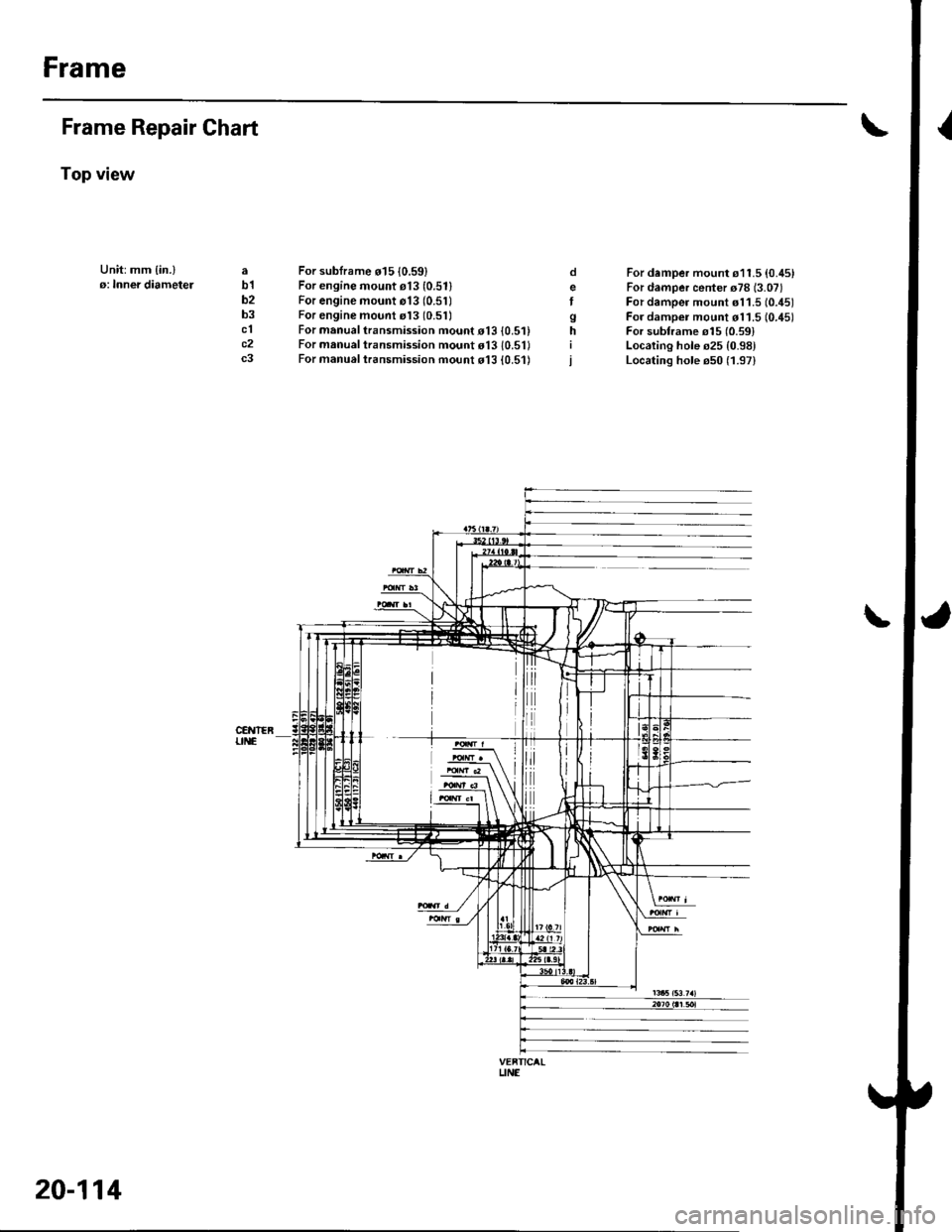 HONDA CIVIC 2002 7.G Workshop Manual Frame
Frame Repair Chart
Top view
Unit:mm {in.}o: Inner diametelab1b2b3clc2c3
For sublrame o15 10.59)For engine mount e13 (0.511
For engine mount o13 (0.51)For engine mount rl3 (0.51)
For manual trans HONDA CIVIC 2002 7.G Workshop Manual Frame
Frame Repair Chart
Top view
Unit:mm {in.}o: Inner diametelab1b2b3clc2c3
For sublrame o15 10.59)For engine mount e13 (0.511
For engine mount o13 (0.51)For engine mount rl3 (0.51)
For manual trans