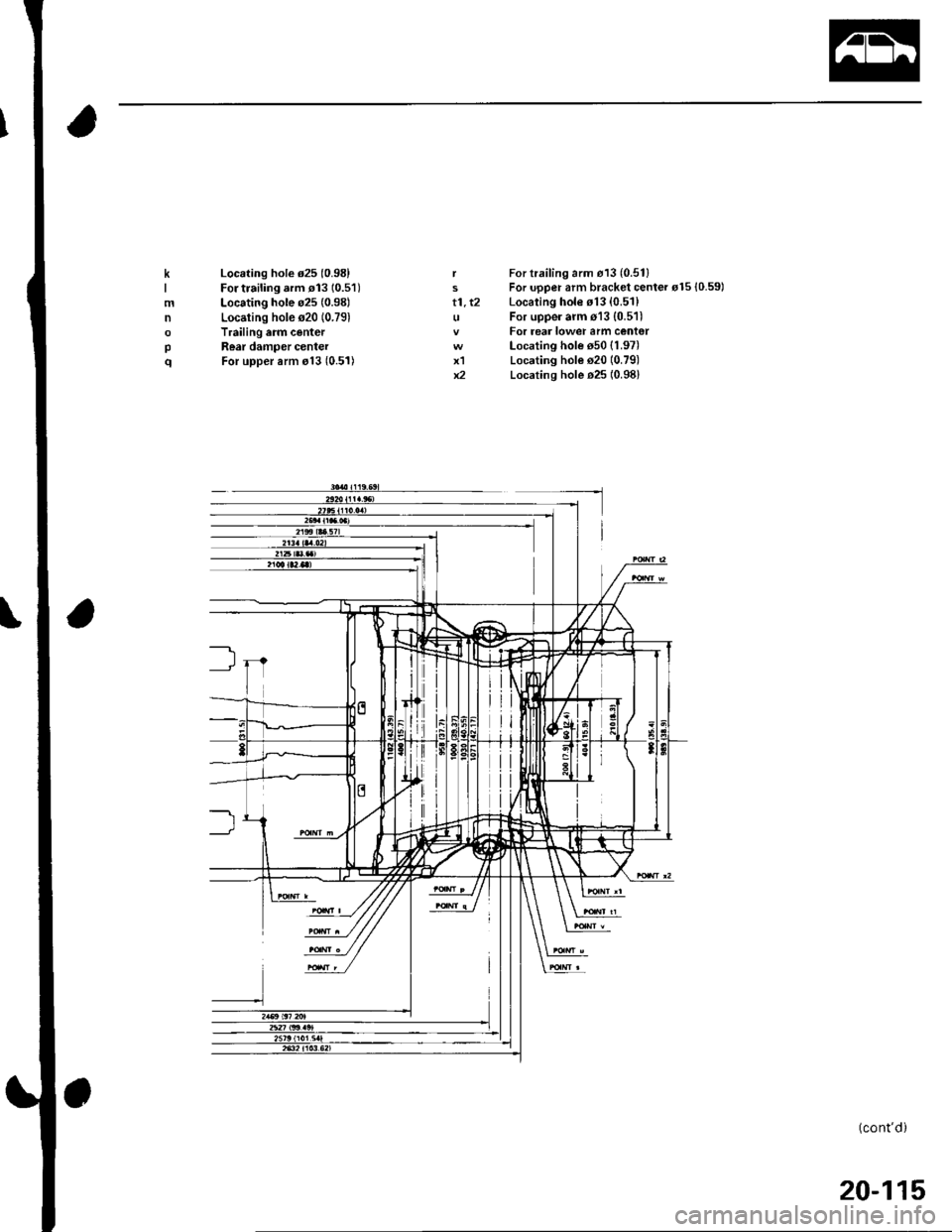 HONDA CIVIC 2003 7.G Workshop Manual t1, t2
x1x2
K
mn
pq
Locating hole d25 (0.981
For trailing.rm rl3 10.51)Locating hole o25 (0.981
Locating hole s20 (0.79)
Trailing arm centerRear damper centerFor upper arm o13 (0.51)
For trailing arm 